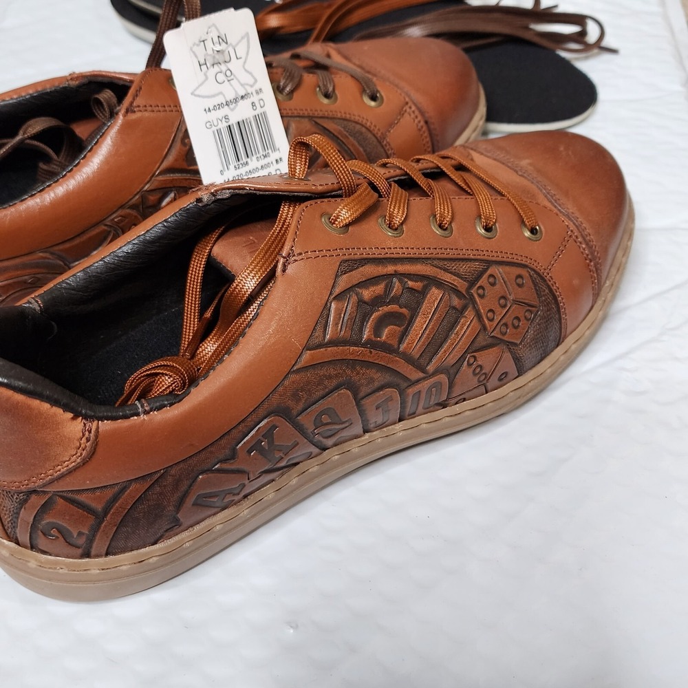 Tin‎ Haul Mens Size 8 D Brown Leather Embossed Dice Playing Cards Vegas Gambling - Picture 3 of 10